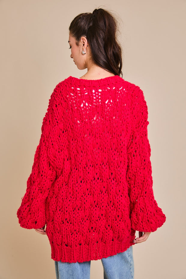 Chunky Red Cardigan Sweater