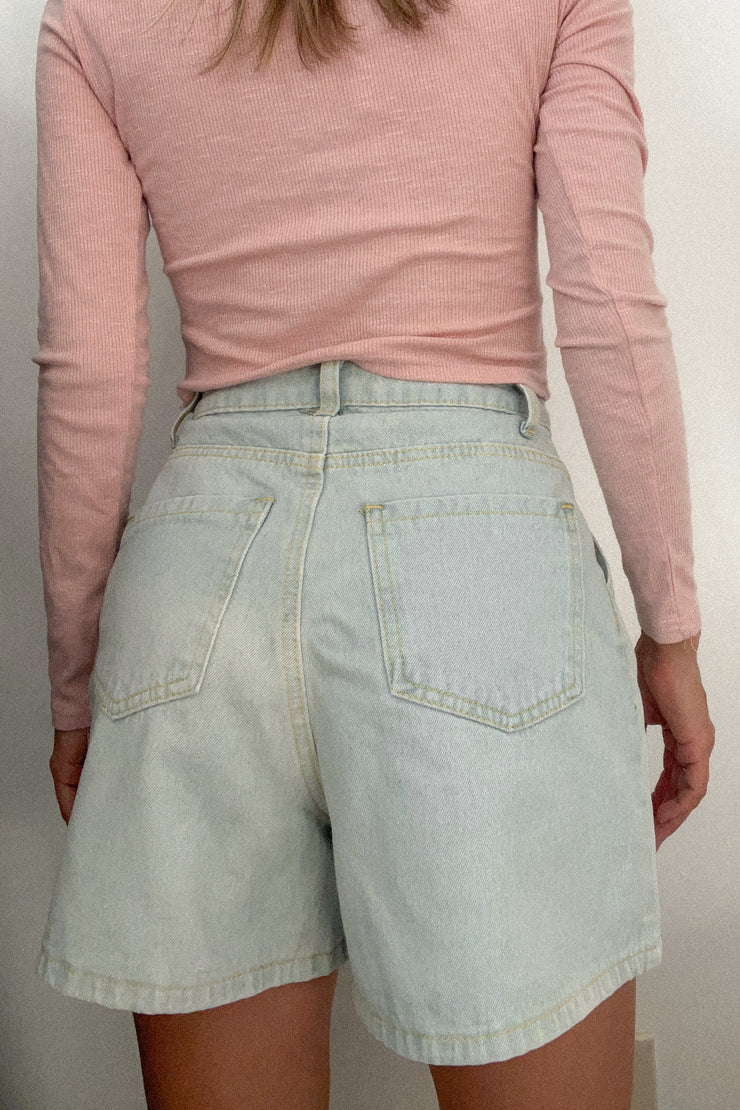 Oh Darling Pleated Light Wash Denim Shorts