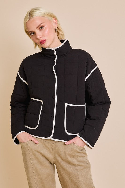 Drop Shoulder High Collared Quilt Jacket