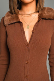 Faux Fur Collar Button Down Sweater Dress