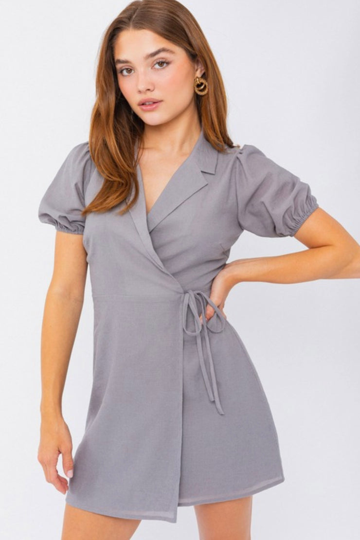 Puff short sleeve, printed mini wrap dress
